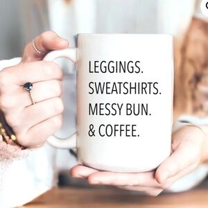 Leggings, Sweatshirts , Messy bun and coffee, Mug. Printed both sides Made in 🇨🇦